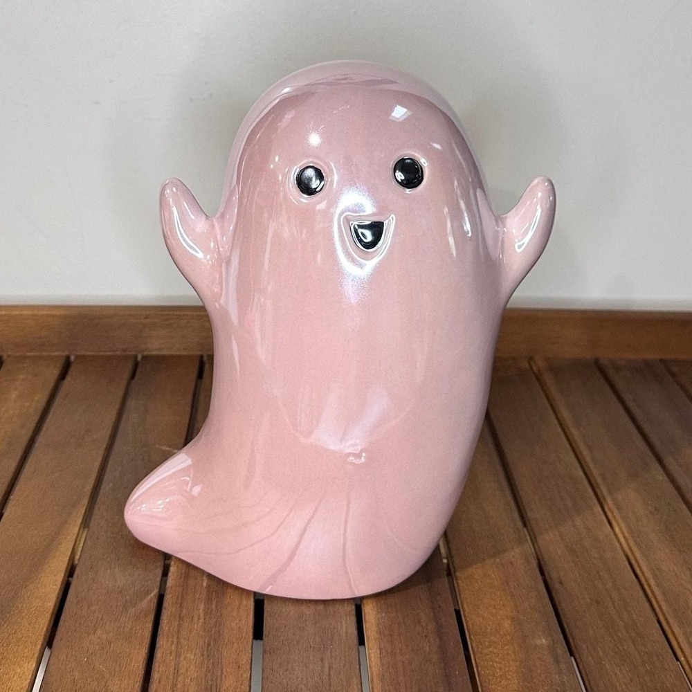 Iridescent Ceramic Happy Pink Ghost Figurine Glossy Halloween Spooky Decor